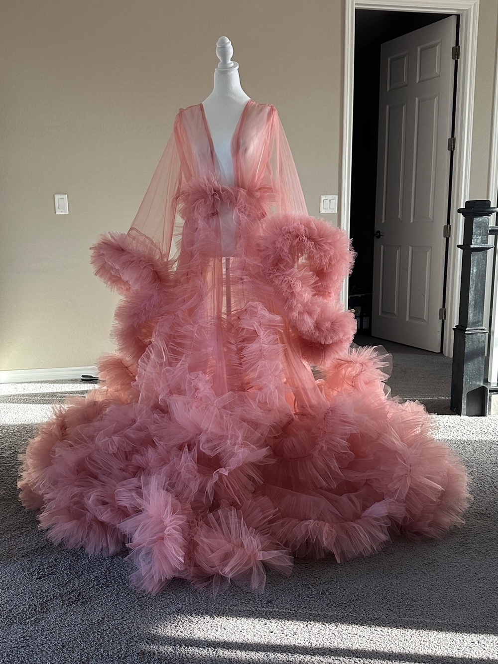 Dramatic Pink Tulle Ruffle Gown Robe